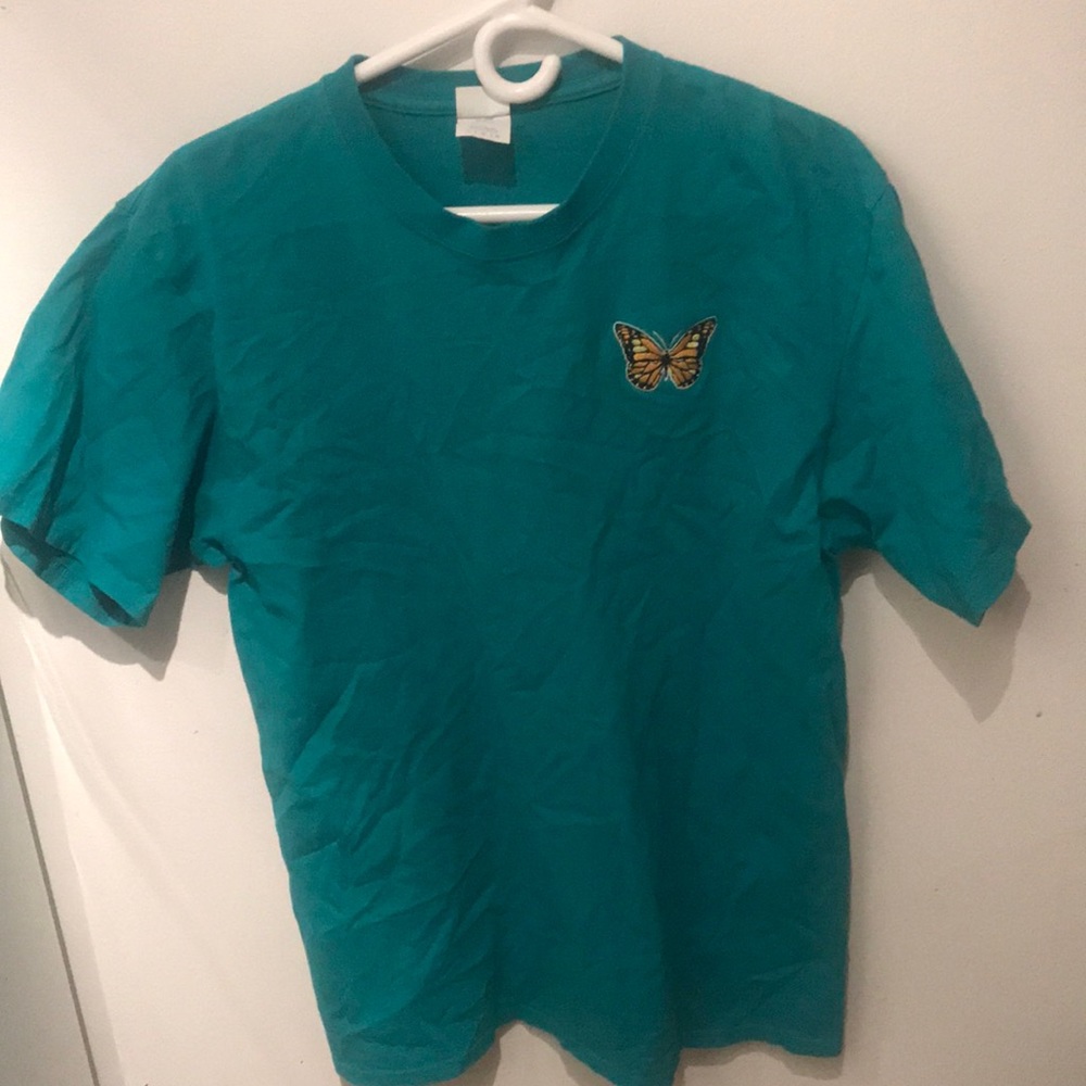 Bright Turquoise Tshirt Stitched Monarch Butterfly Port and Company 100% Cotton